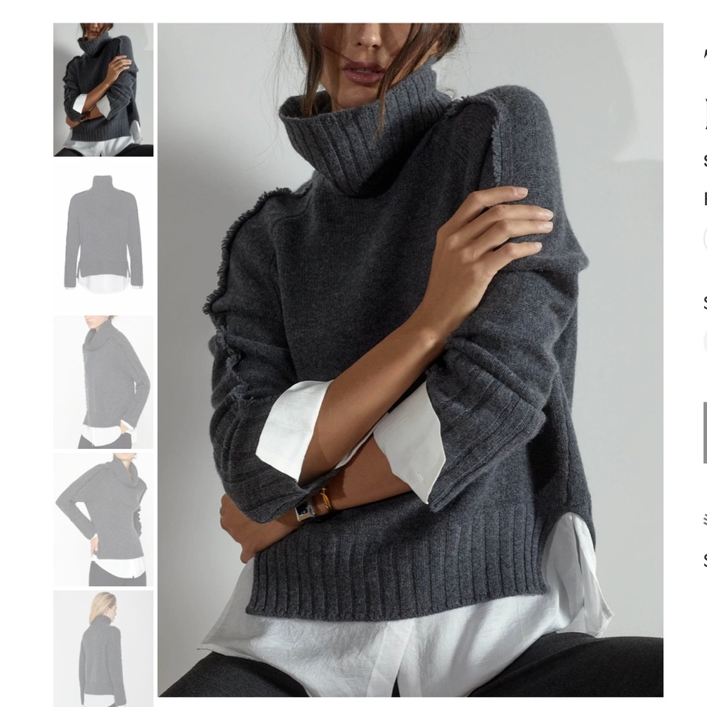 BROCHURE WALKER CASHMERE/WOOL GREY LOOKER SWEATER W/ WHITE BLOUSE
